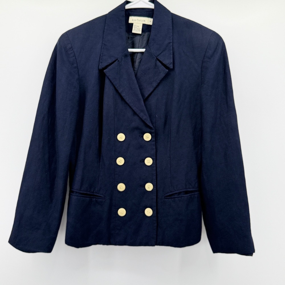 Ann‎ Taylor Navy Blue Linen Blend Double Breasted Blazer Jacket Womens 8 Vintage